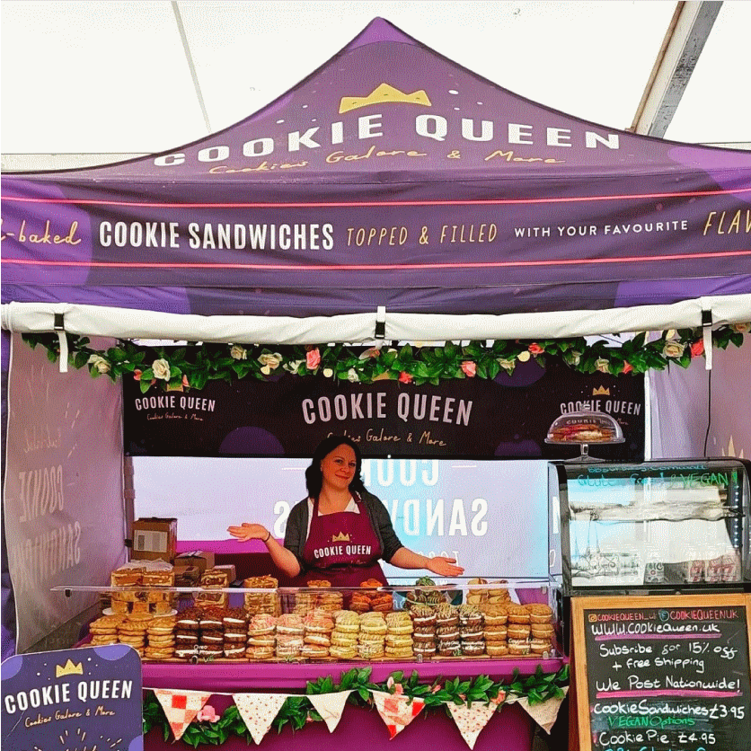 A gazebo with a printed canopy for food vendor Cookie Queen