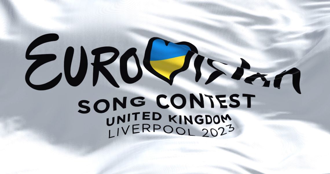 A stock image of a white banner for Eurovision Song Contest hosted in Liverpool, United Kingdom 2023