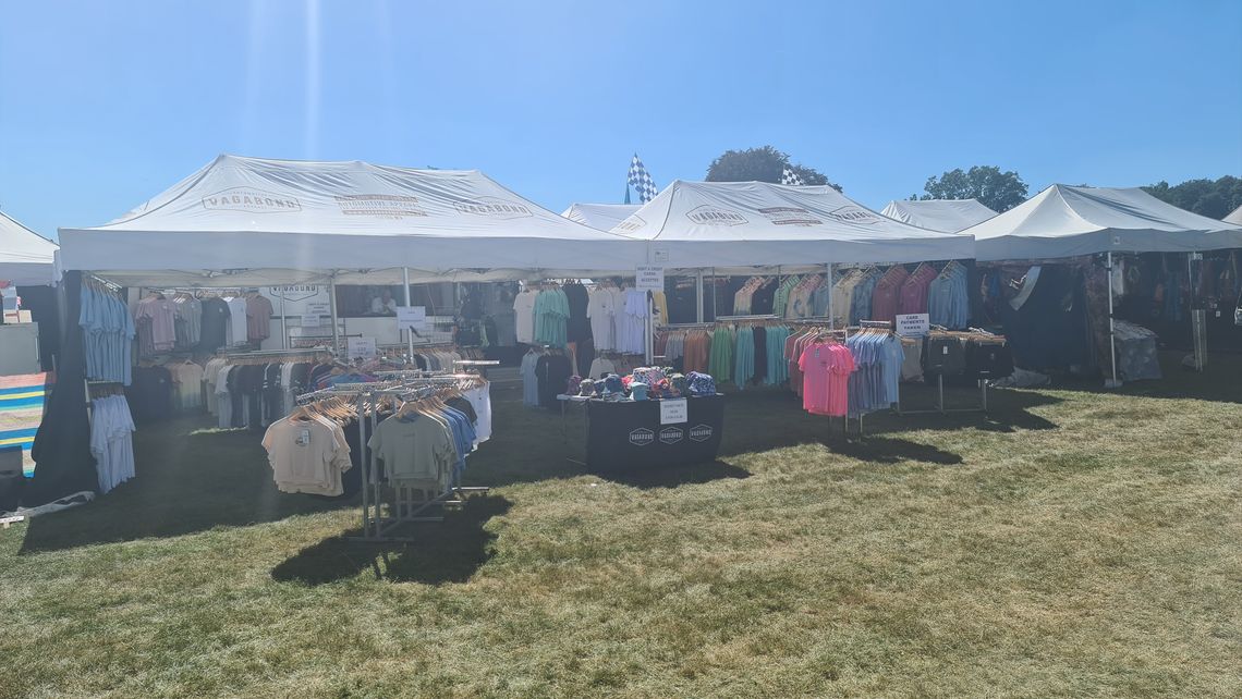 A row of pop-up gazebos belonging to Vagabond clothing, to sell their products from.