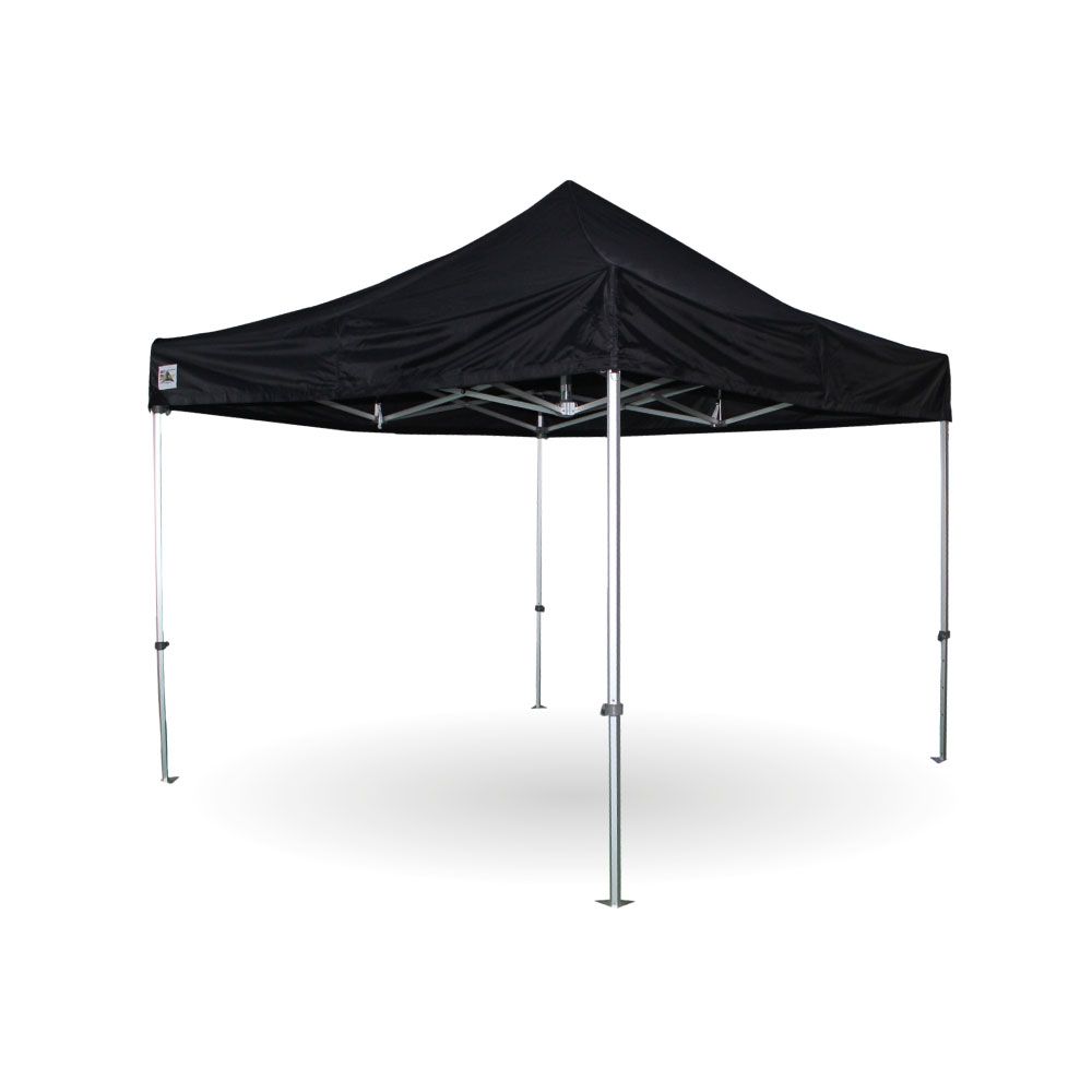A pop-up gazebo with black canopy, against a white backdrop