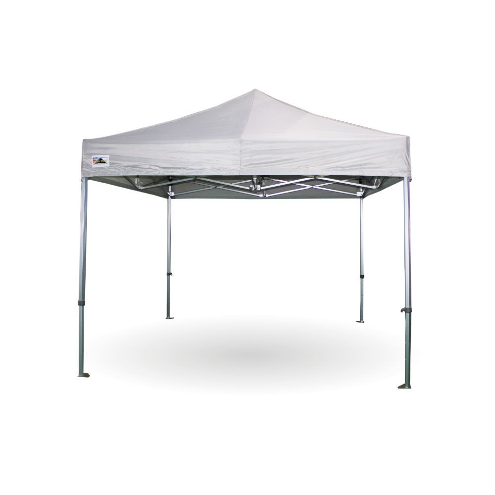 A pop up gazebo with white canopy, against a white backdrop