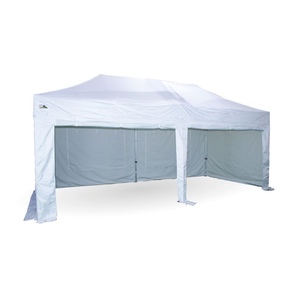 A pop up gazebo with white covers and sidewalls, against a white backdrop