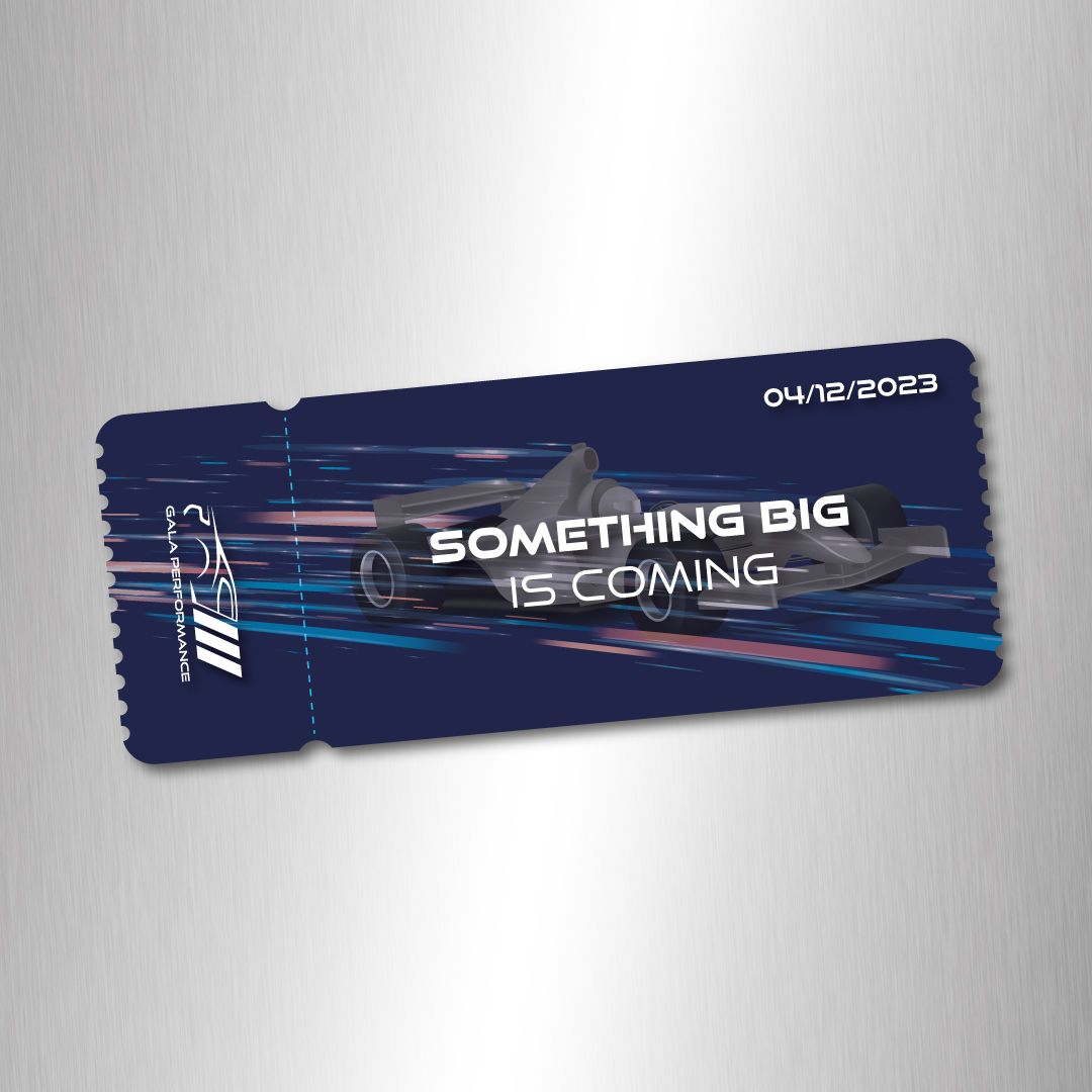 A spoof racing event ticket with the words "Something Big is Coming" on it