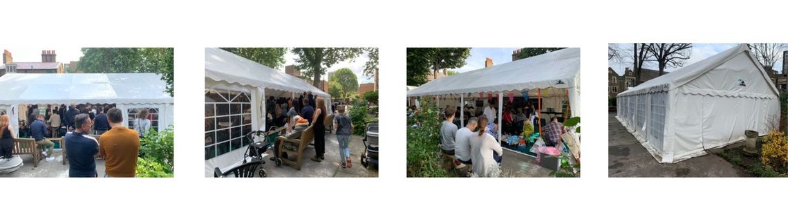 4 images of a marquee being used for services at a church