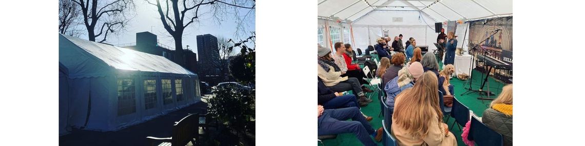 2 images of a marquee being used as shelter at a church