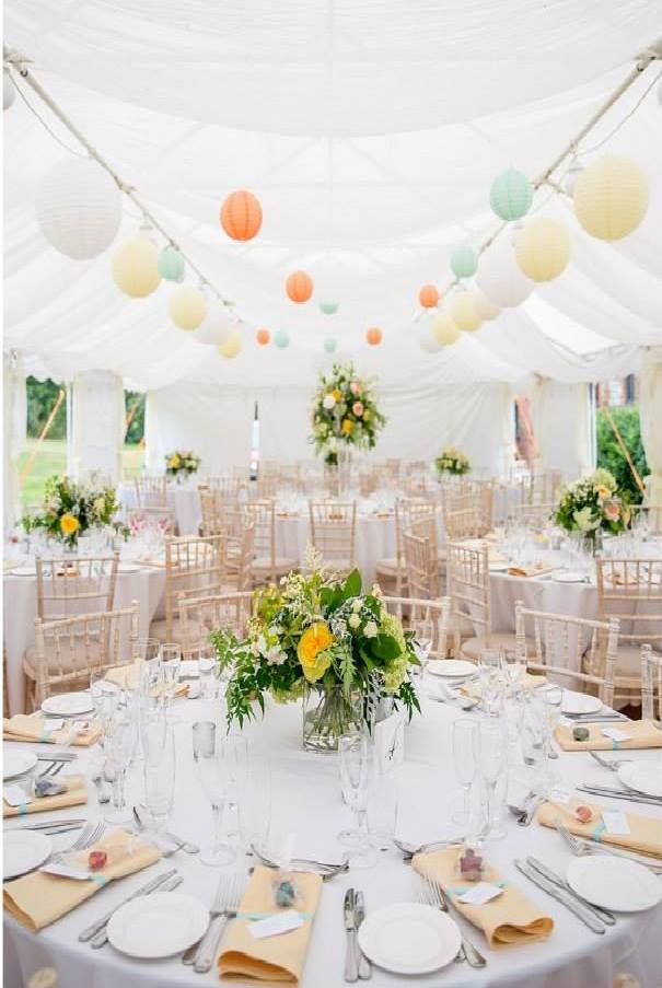 Wedding marquee with decorations and furniture