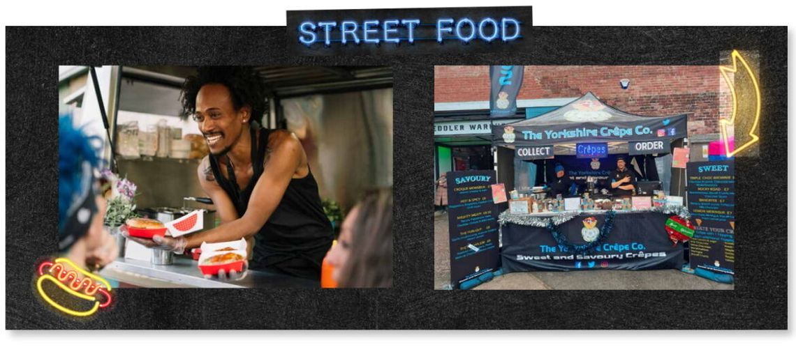 A graphic showing a streetfood van and a streetfood gazebo