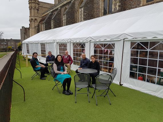 large marquee outside church A large gala tent marquee outside a church