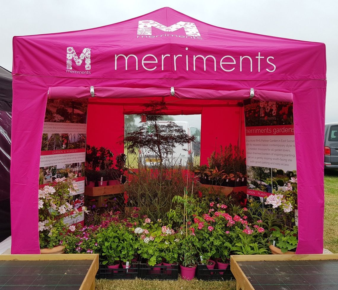 A pink gazebo being used as market stall selling plants