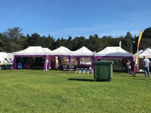 Purple gazebos with white canopies at a show in Rotherham