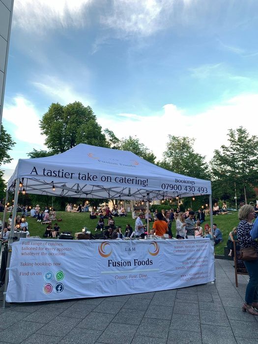 White printed catering gazebo at a show
