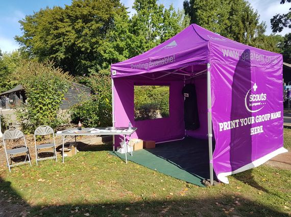 gala tent scouts gazebo 1 Purple scouting gazebo with printed canopy and sidewalls