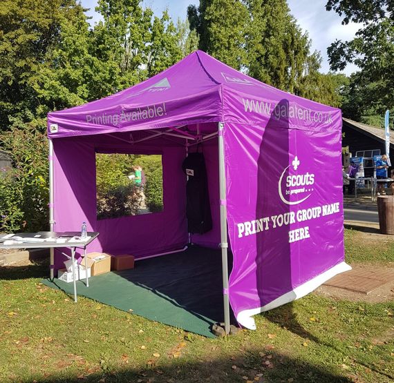 gala tent scouts gazebo 2 Purple scouting gazebo with printed canopy and sidewalls