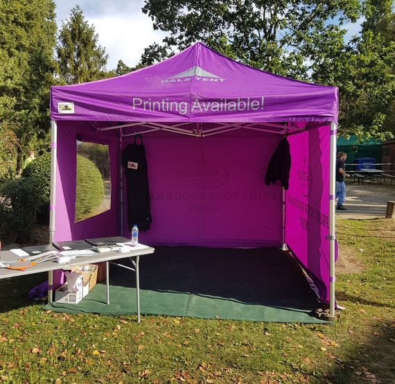 gala tent scouts gazebo 3 Purple scouting gazebo with printed canopy and sidewalls