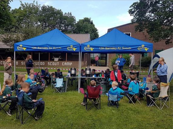 scouting gazebo 2 A pair of blue Gala Shade gazebos with a printed valance