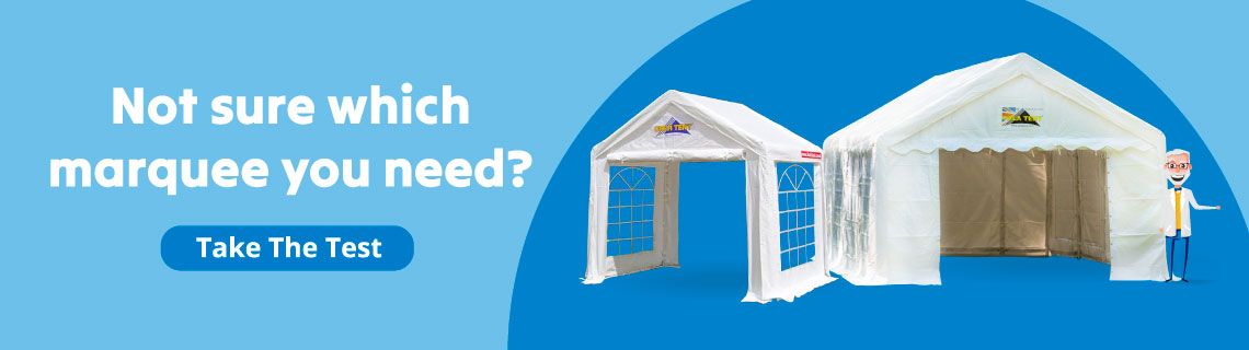 A blue digital banner with 2 marquees on it, with the words "Not sure which marquee you need?" take the test