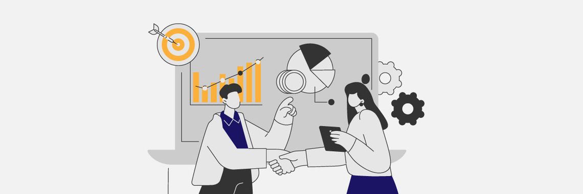 A marketing graphic denoting graphs, pie charts, testing and targets