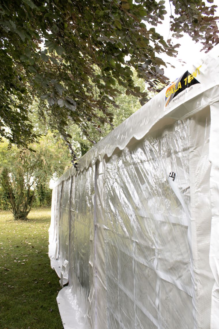 A narrow angled view of PVC marquee sidewalls
