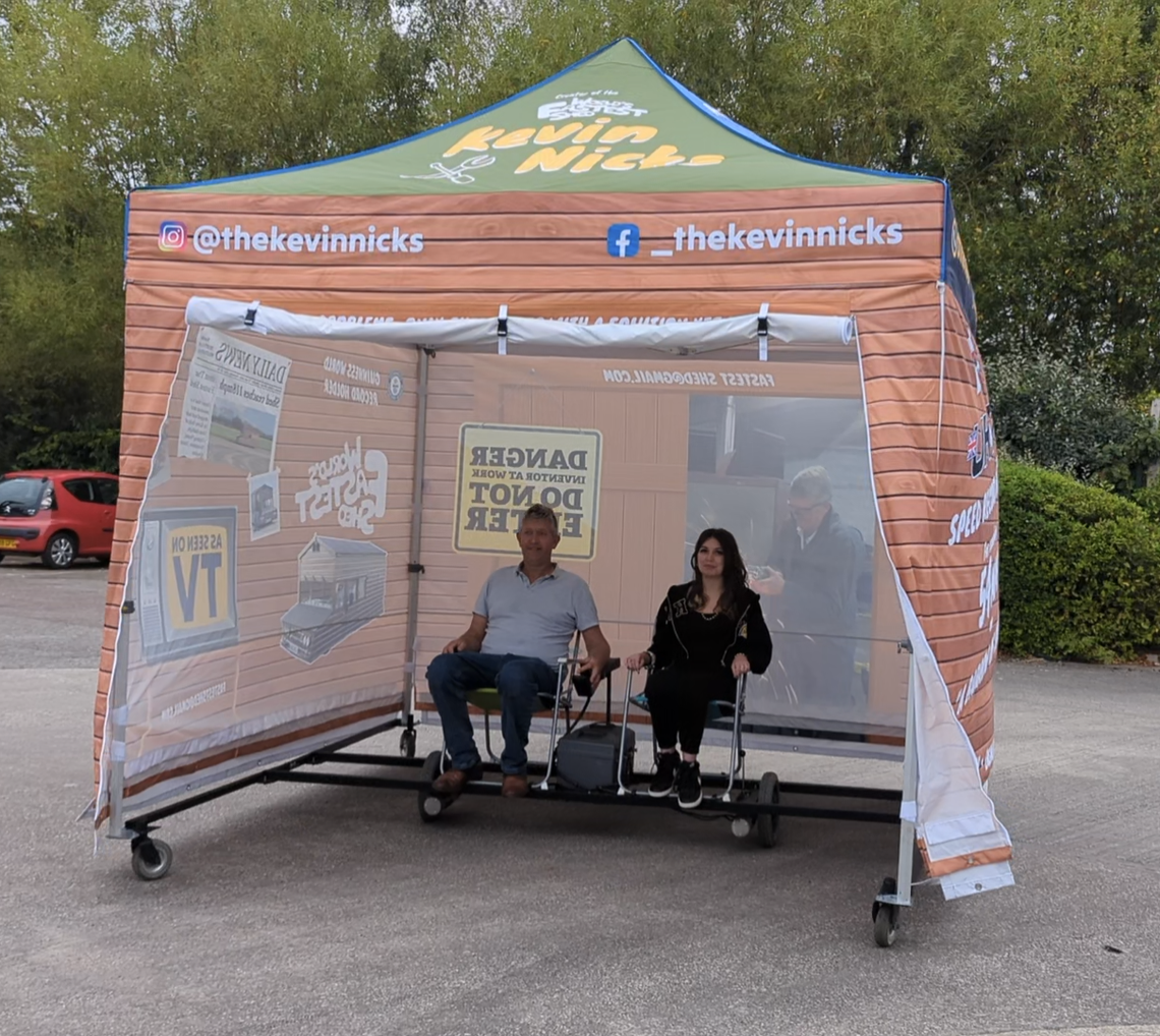 Kevin Nicks driving a 3m x 3m printed Gala Shade gazebo