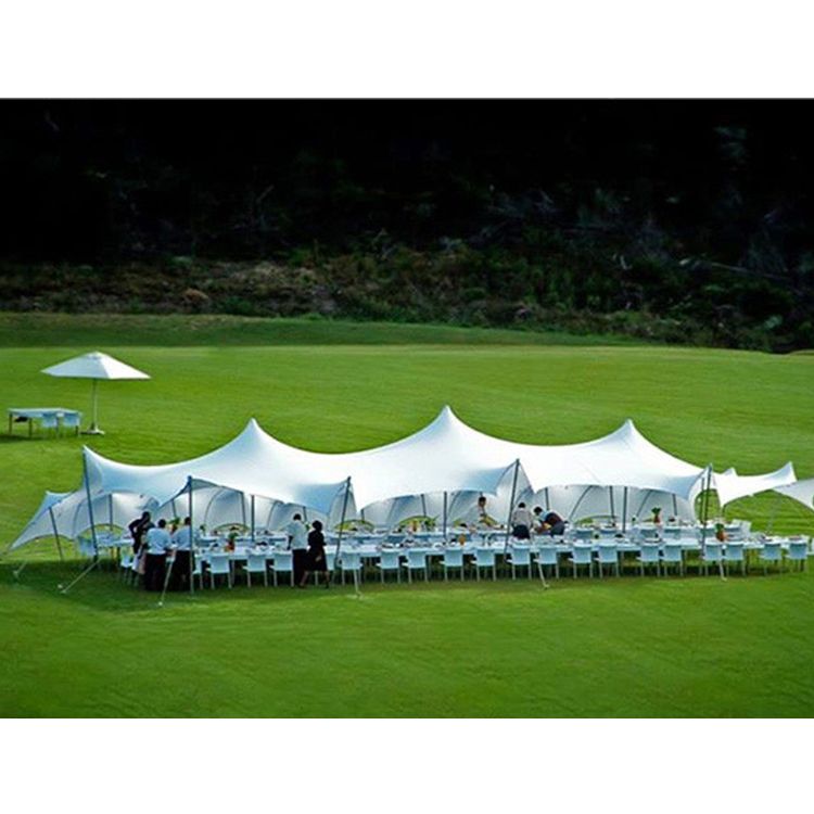 A white stretch tent set up in a large garden sprawl