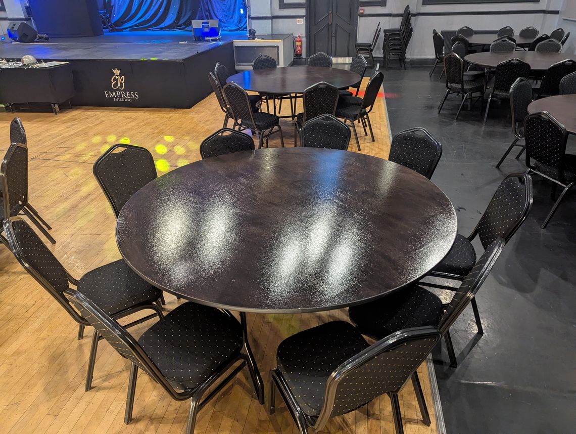 A series of round banquet tables with chairs around them in a venue. A stage is in the background.