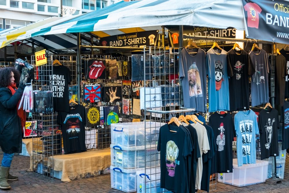 band t shirts on a market stall