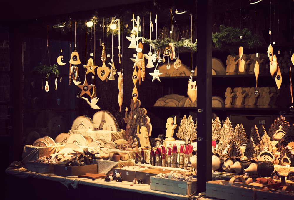 christmas products on market stall