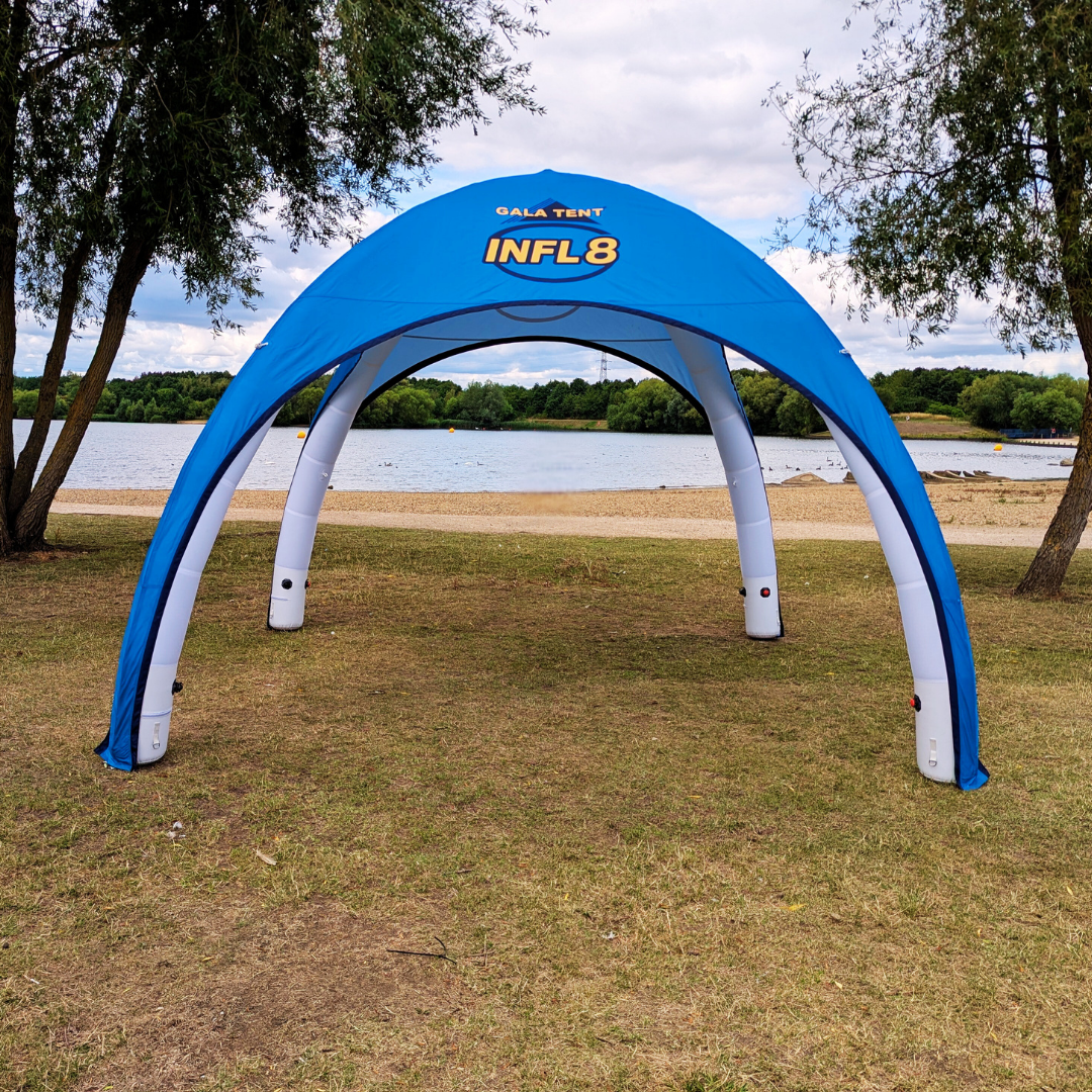 inflatable tent near lake