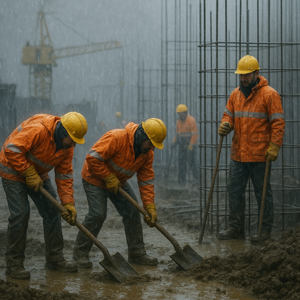 Construction workers in rain