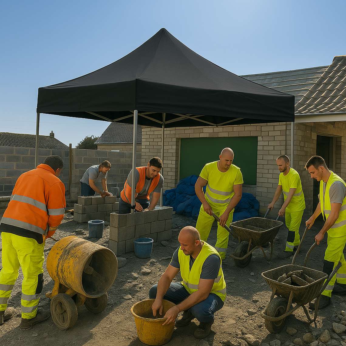 Construction workers busy with a tent over them