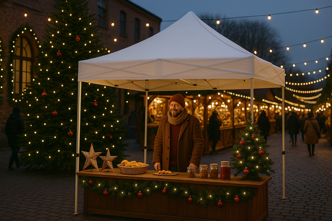 Man serving food and drinks at a market stall tent